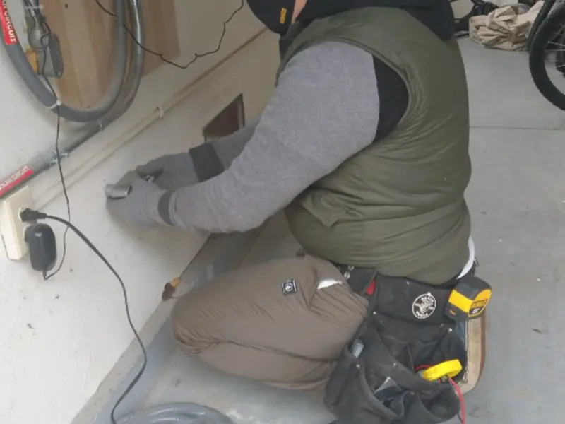 Electrician performing outlet wiring in a Pulaski garage